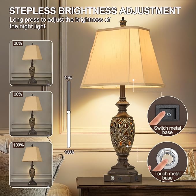 29.5"H Touch Traditional Table Lamp Set of 2,Vintage Bedside Nightstand Lamps with Dual USB and Night Light, 3-Color Hollow Out Leafwork Bronze Gold Finish Desk Lamps for Living Room,Bedroom