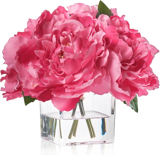 Artificial Peonies Flowers Arrangements in Cube Glass Vase, WELLKNOWN Silk Flower Centerpieces for Dining Room Table, Coffee Table Decor, Faux Peony Flowers with Faux Water (Fuchsia)
