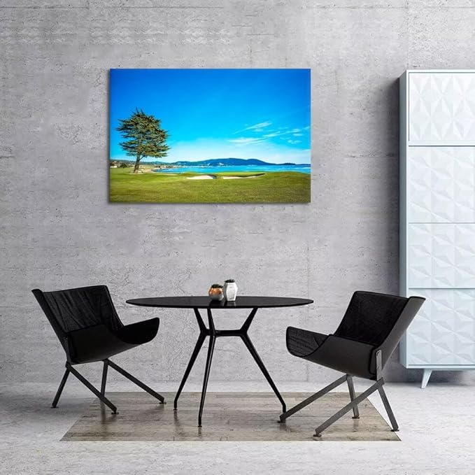 Pebble Beach Golf Course 18th Hole Green Wall Art for Living Room Bedroom Bathroom Home Decorations Golf Course Picture Poster Canvas Prints Modern Framed Artwork Ready to Hang(24''H x 36''W)