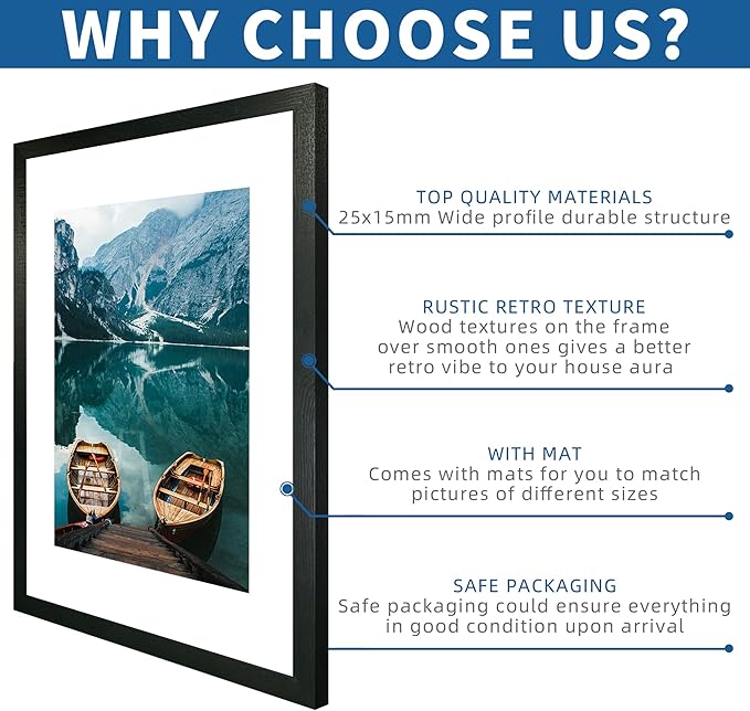 20x28 Picture Frame Set of 2, Rustic Black Wood Style - Display 16x24 Picture with Mat or 20 x 28 Poster without Mat, Wall Mounting Horizontal and Vertical