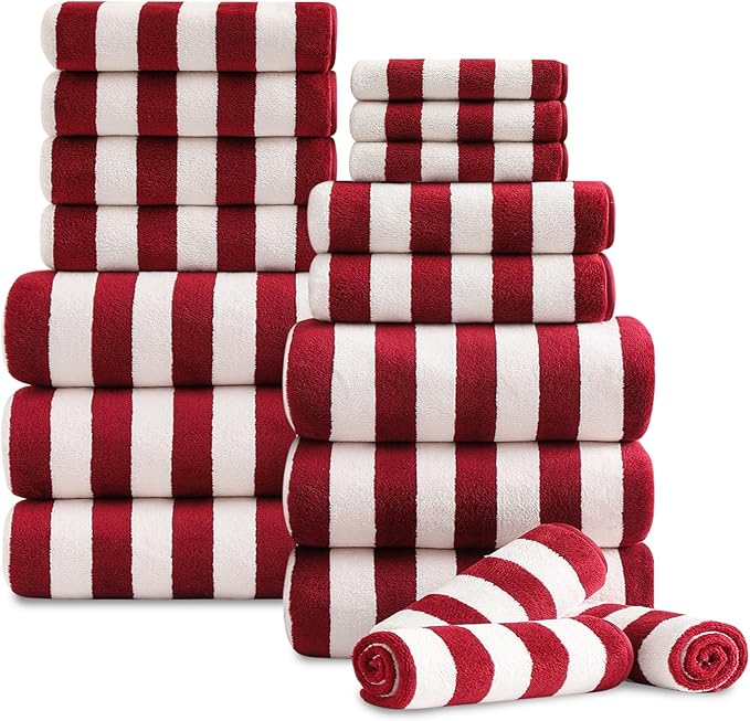 18 Pcs Red Cabana Stripe Family Towels Set with Hanging Loop-6 Bath Sheets,6 Hand Towels,6 Washcloths Ultra Soft Bathroom Towel Highly Absorbent Quick Dry Shower Towel for Beach Chair,Spa,Gym,Hotel