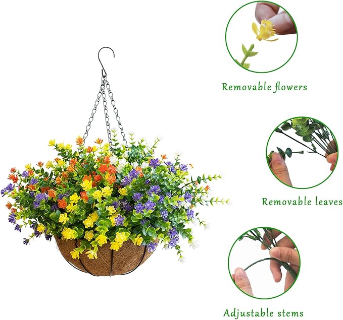 Artificial Hanging Plants Flowers with Basket for Spring Summer Outdoor Decoration, Yellow Purple White Orange
