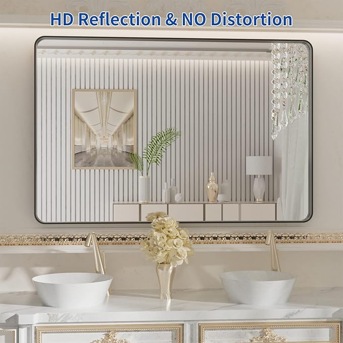 WEER Black Bathroom Mirror 48X32 Inch, Rectangular Black Metal Framed Mirror for Wall, Matte Black Vanity Mirror with Tempered Glass, Anti-Rust, Shatterproof, Hangs Horizontal or Vertical