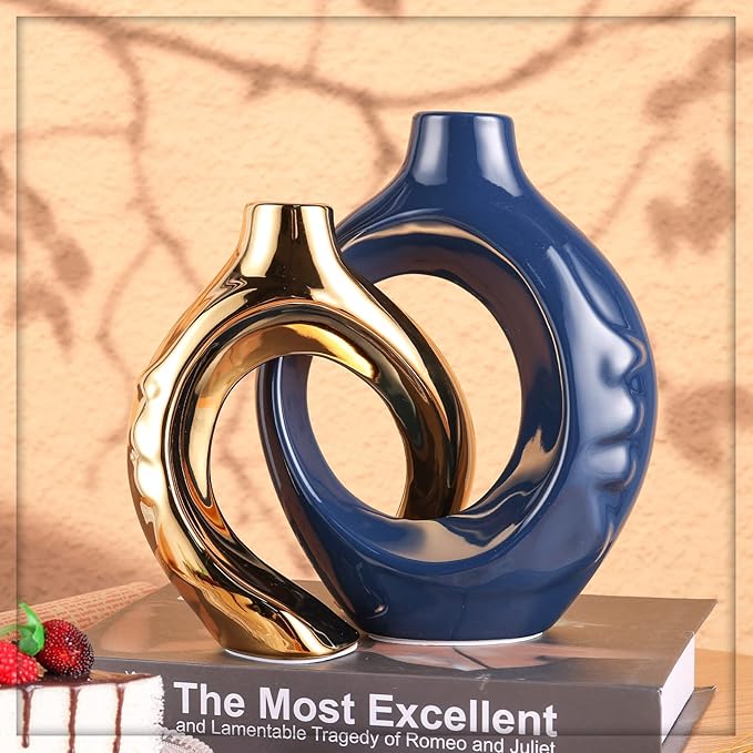 Navy Blue Home Decor Ceramic Vase, Navy Blue Gold Round Vase with Holes Set of 2, Suitable for Wedding Entrance Decoration, Bookshelf, Mantel, Unique Home Decor (Blue Gold)