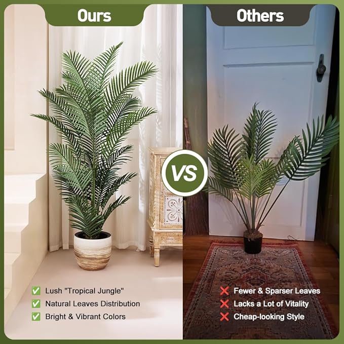 Artificial Palm Tree, 6FT Tall Fake Palm Trees with UV Resistant Leaves, Potted Faux Areca Palm Plant for Indoor Outdoor, Large Floor Plants for Home Living Room Porch Decor, 2Pcs - VN125