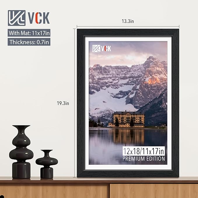 VCK 12x18 Picture Frame 5 Pack - with Mat 11x17, Solid Wood Poster Frame with HD Glass, Black Exclusive Wood Grain, Wall & Gallery Display