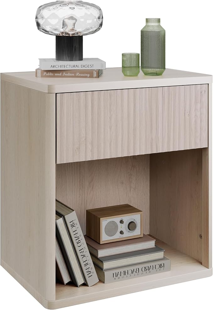 WLIVE Night Stand, Wood Nightstand with Storage Drawer and Open Shelf, Fluted Bedroom Nighstand, Mid Century Bed Side Table, End Tables Living Room, Dorm, Home Office, White Alder