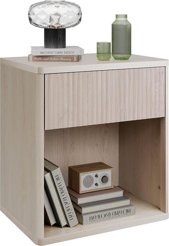 WLIVE Night Stand, Wood Nightstand with Storage Drawer and Open Shelf, Fluted Bedroom Nighstand, Mid Century Bed Side Table, End Tables Living Room, Dorm, Home Office, White Alder