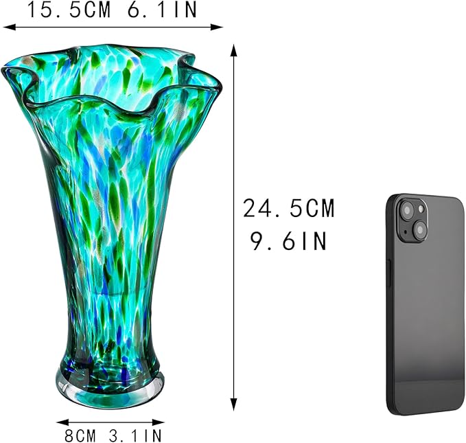 Green Blown Glass Vase for Flowers, 8.5" Wide Mouth Teal Vase for Home Decor, Modern Art Flower Vases Decorative | Table Centerpiece, Wedding, Living Room, Bookshelf, Entryway | Gift for Women Mom