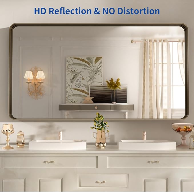 WEER 55x30 Inch Bronze Bathroom Mirror for Vanity, Brushed Bronze Metal Frame Rounded Rectangle Mirror with Tempered Glass, Anti-Rust (Horizontal/Vertical)