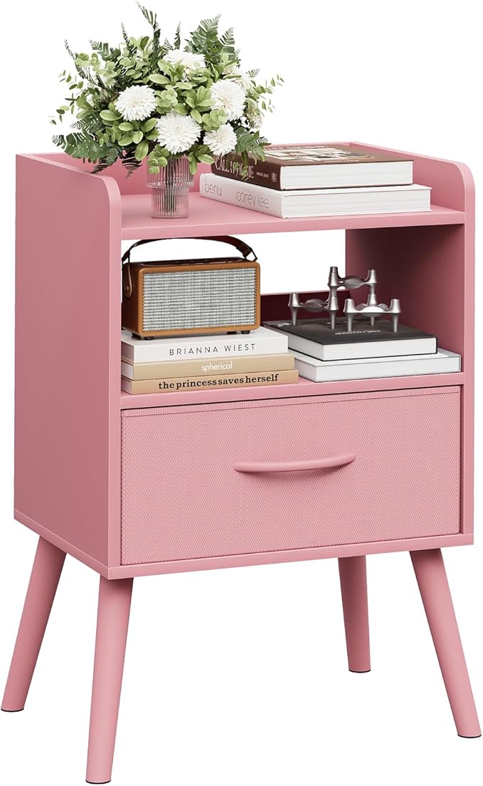NightStand with Open Shelf,Night Stand with Drawer Storage Side Tables End Table,Bedside Table with Solid Wood Feet,Mid Century Night Stands for Bedroom Sofa Couch Small Spaces (Pink)