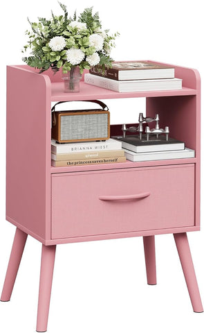 NightStand with Open Shelf,Night Stand with Drawer Storage Side Tables End Table,Bedside Table with Solid Wood Feet,Mid Century Night Stands for Bedroom Sofa Couch Small Spaces (Pink)