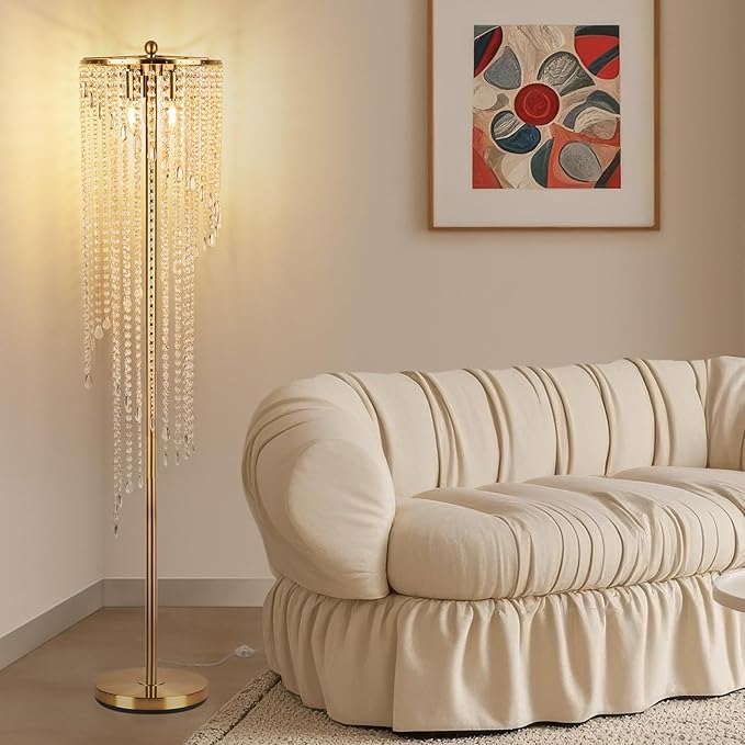 QiMH Crystal Gold Floor Lamps for Living Room, 63" Elegant Tall Standing Lamp with Double-Layer Crystal Shade, Mid Century Modern Floor Lamp for Bedroom, Office, Reading (2700K LED Bulbs Included)