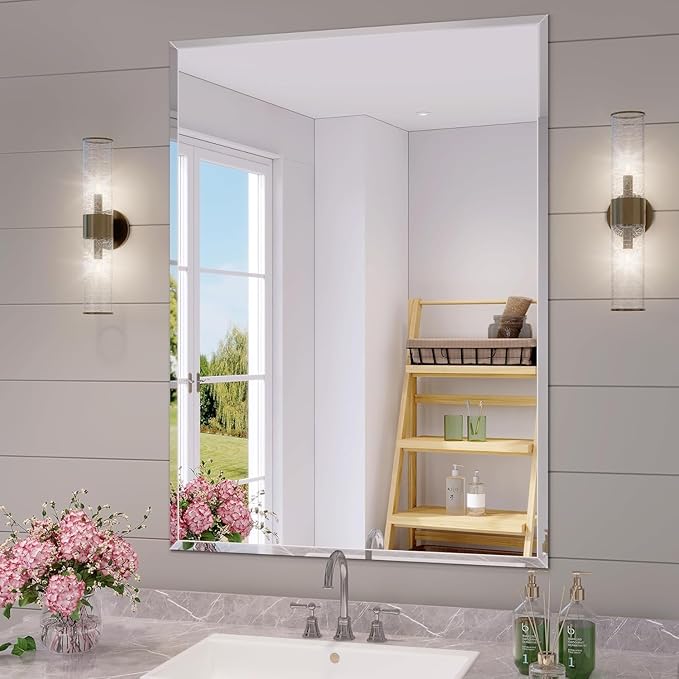 KOHROS Bathroom Mirror 36” x 24" Large Frameless Rectangle Bathroom Wall Mirror w/Polished Edge, Anti-Rust, Tempered Glass, Horizontally or Vertical Hanging (Silver)