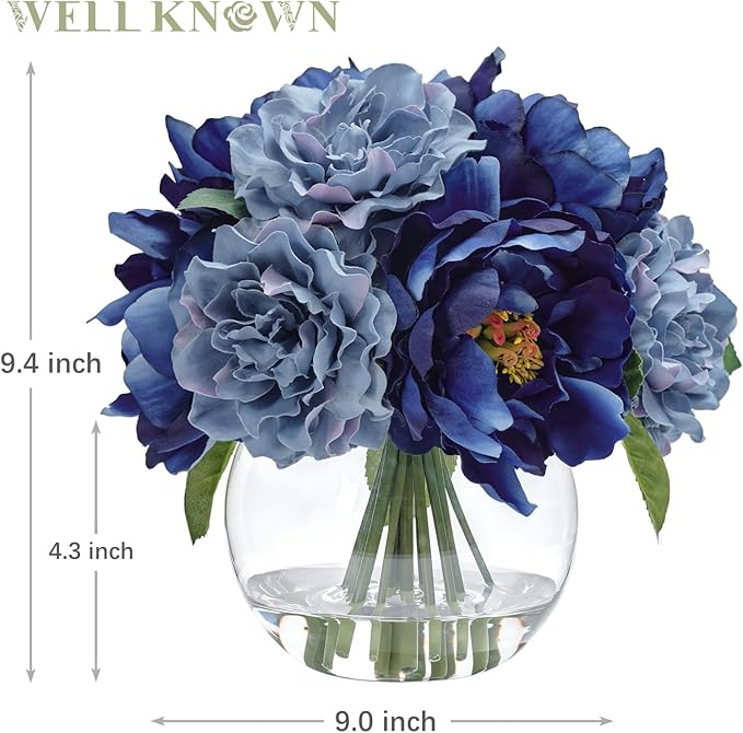 WELL KNOWN Artificial Flowers in Vase, Artificial Flowers for vase with Faux Water for Coffee Table Decor, Silk Fake Flower Arrangements Peonies Table Centerpieces (Blue)