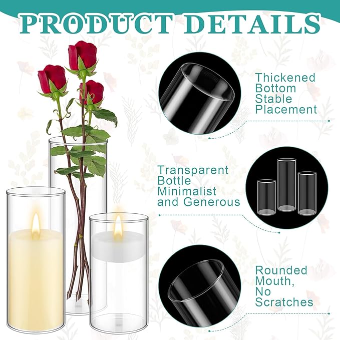 24 Pcs Cylinder Glass Vases Bulk, Tall Clear Flower Vases Transparent Candle Holder for Wedding Table Centerpieces and Home Decoration (6 Inch, 8 Inch, 10 Inch)
