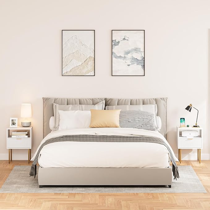 Nightstand,Morden Bedside Table with Gold Frame,Small White Night Stand,End Table,Bedside Furniture,Side Table with Drawer and Shelf for Bedroom,Living Room (1Drawer, White)