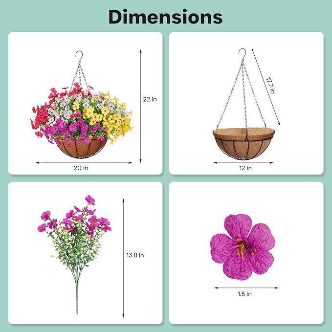 2 Set Outdoor Artificial Hanging Baskets, 32 Pcs Artificial Flowers Hanging Planters for Spring Summer Front Porch Patio Yard Garden Home Decor (Purple, Yellow, Hot Pink, Creamy White)
