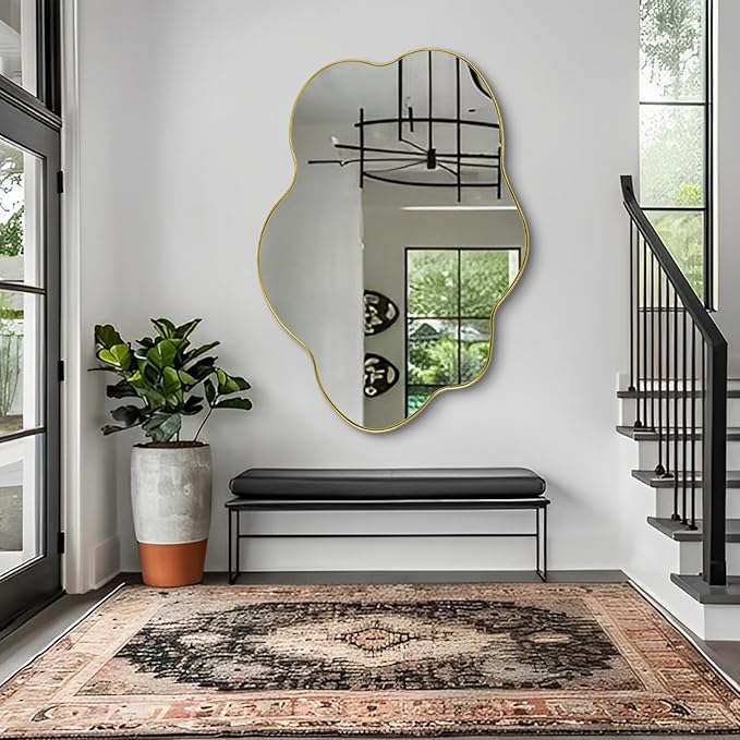 Gold Irregular Mirror, 43.7"x29.5" Asymmetrical Wall Mirror, Scalloped Decorative Mirrors, Modern Wavy Shaped Mirrors for Living Room Bathroom Bedroom Hallway Entryway Fireplace