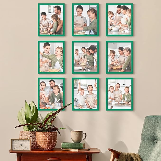 Renditions Gallery Set of 9, 11X14 Custom Photo Prints with Real Wood Picture Frames. Create Personalized Photos with Peel & Stick Photo Frames. Green Frame