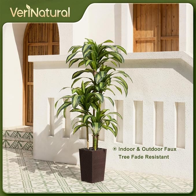 Artificial Dracaena Tree 6FT - UV Resistant Faux Tree with Large Taper Planter & Pebbles - Tall Fake Plants Indoor & Outdoor, Potted Floor Plant for Home Living Room Porch Decor, VN127