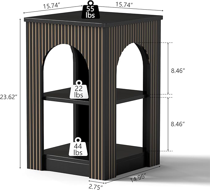 End Table Set of 2, Mid-Century Modern Side Table with 3-Tier Storage Shelves and Arched Carving Lines, Square Fluted Nightstand for Living Room, Bedroom, or Office (2, Black)