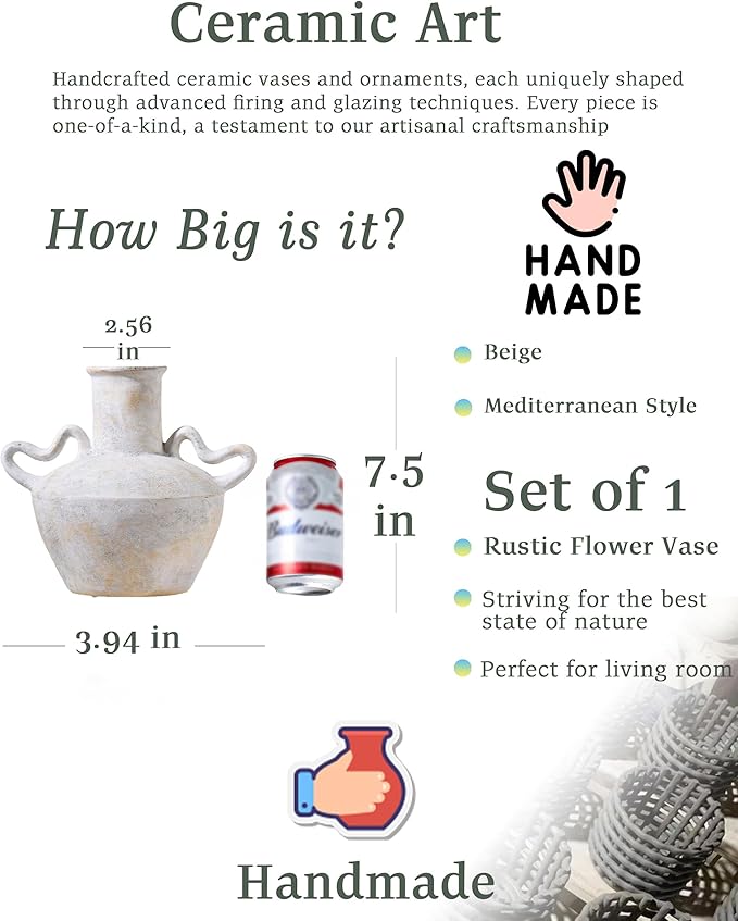 7.5 in Rustic Ceramic Farmhouse Vase with 2 Handles,Glazed Beige and Yellow Vintage Pottery Jar with Black Distressed Eroded Texture Finish,Boho for Home Decor,Tabletop,Mantel,or Living Room