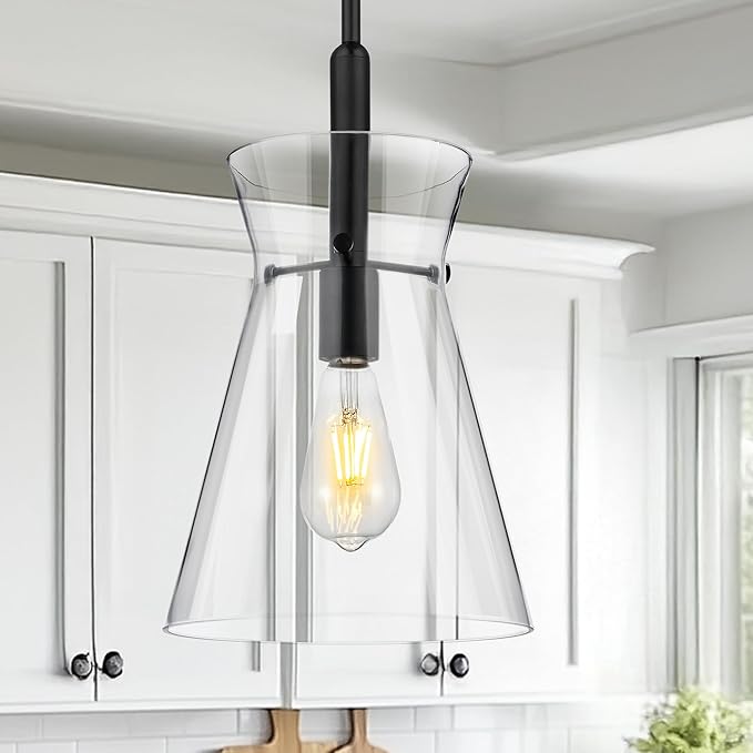 Emak 9 Inch Black Pendant Light, 2 Pack Large Pendant Lights Kitchen Island with Clear Glass Shade, Modern Farmhouse Hanging Light Fixture for Kitchen, Dining Room, Bathroom, PL130-BK-CG-2PK