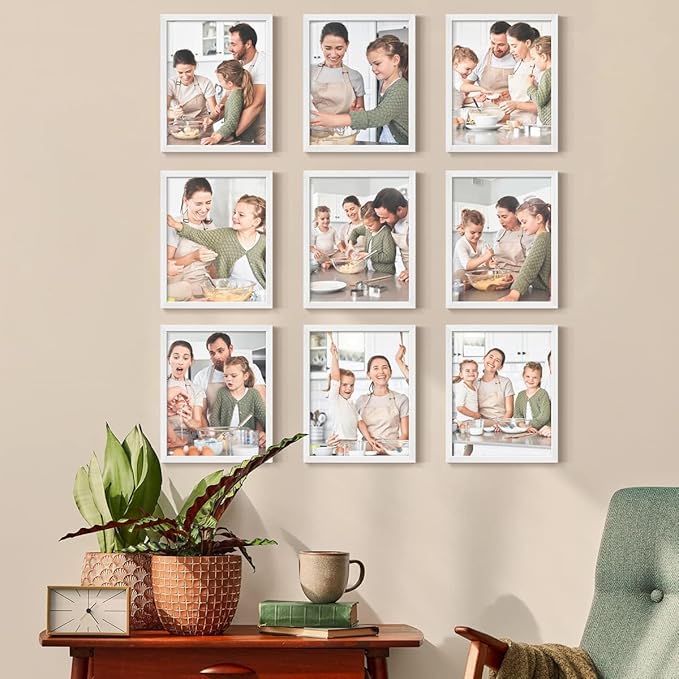 Renditions Gallery Set of 9, 8X10 Custom Photo Prints with Real Wood Picture Frames. Create Personalized Photos with Peel & Stick Photo Frames. White Frame