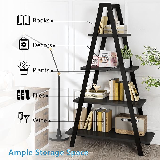 DKLGG 4-Tier A-Shaped Bookshelf, Industrial Metal Bookcase, Standing Bedroom Ladder Shelf, Open Display Shelves, Plant Stand Shelf Indoor, MDF Bookshelves for Living Room, Office, Small Spaces