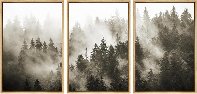 SIGNWIN Framed Canvas Print Wall Art Woodland Nursery Decor Set Duotone Blue Misty Pine Tree Forest Nature Modern Art Rustic Landscape Colorful for Living Room, Bedroom, Office - 16"x24"x3 Natural