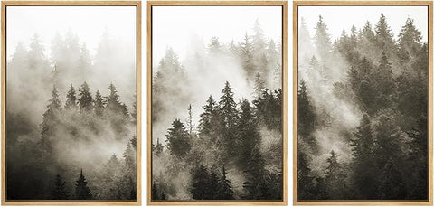 SIGNWIN Framed Canvas Print Wall Art Woodland Nursery Decor Set Duotone Blue Misty Pine Tree Forest Nature Modern Art Rustic Landscape Colorful for Living Room, Bedroom, Office - 16"x24"x3 Natural