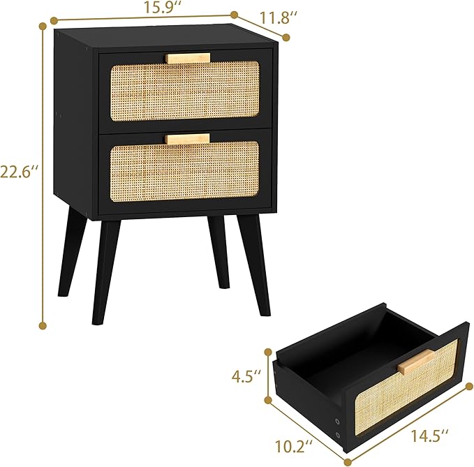 Rattan Nightstand, Wood End Table, Side Table with 2 Hand Made Rattan Decorated Drawers,Boho Bedside Table,Wood Accent Table with Storage for Livingroom, Bedroom, Black CTG59B