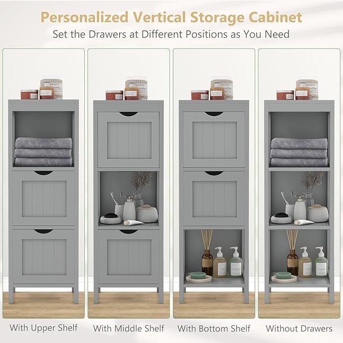 Tangkula Small Bathroom Storage Cabinet with 2 Removable Drawers, Wood Freestanding Floor Cabinet for Bathroom, Anti-Tipping Device, Side Corner Cabinet for Small Spaces (Grey)