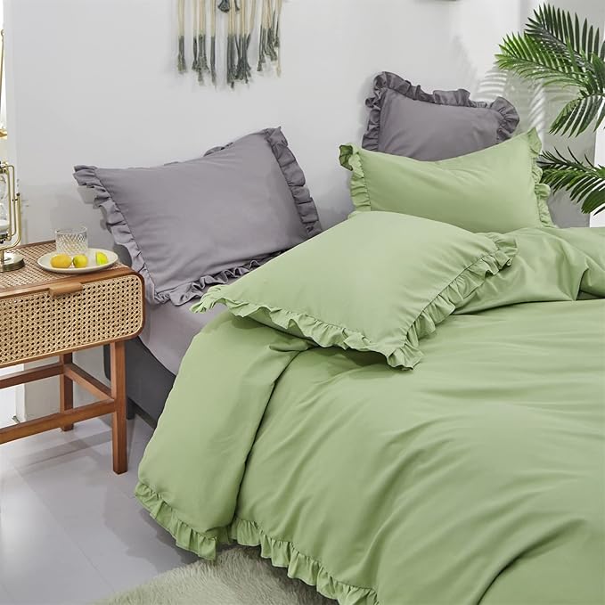 Luxlovery Sage Green Ruffle Comforter Set Full Boho Bedding Set Ruffled Farmhouse Boho Solid Blanket Quilts Aloe Green Bedding Set for Women Men