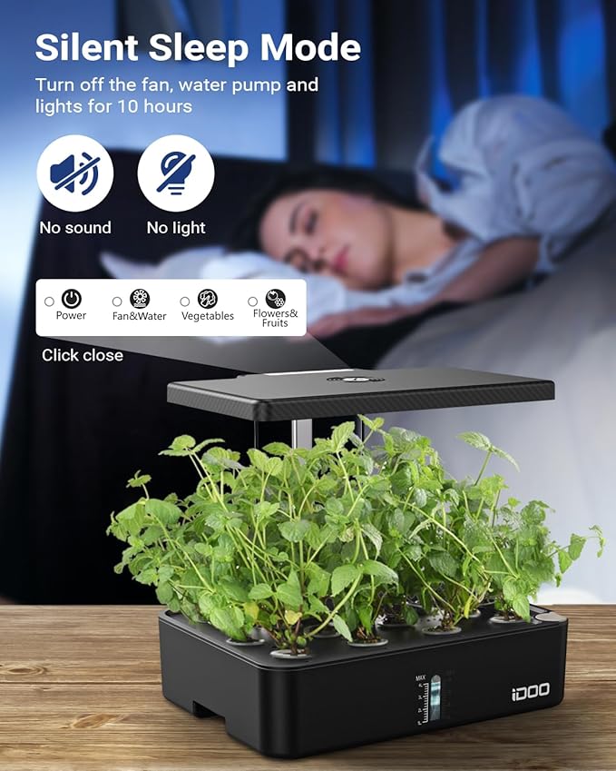 iDOO Hydroponics Growing System Kit 12Pods, Indoor Herb Garden System, with LED Grow Light, Built-in Fan, Auto-Timer, Adjustable Height Up to 11.3", for Home School, for Women Mom