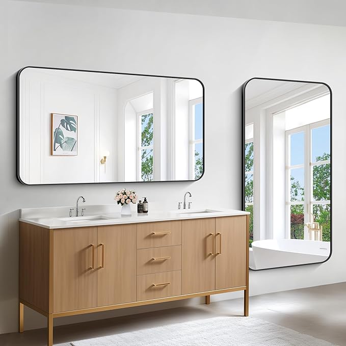 Bathroom Mirror, 30"x55" Black Rectangle Wall Mirror, Metal Frame Rounded Corner Vanity Mirror, Large Wall Mounted Mirror for Modern Bedroom Living Room Horizontal Or Vertical Mounting