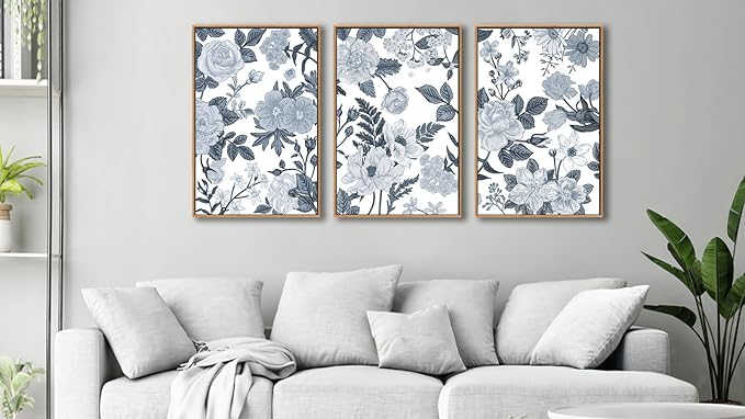 Large Framed Canvas Wall Art - Natural Float Framed Rustic Grey White Flowers Pictures Decor Gray Blue Leaves Artwork Prints for Bedroom Living Room Kitchen Home Office Decoration 60" X 28" Set of 3