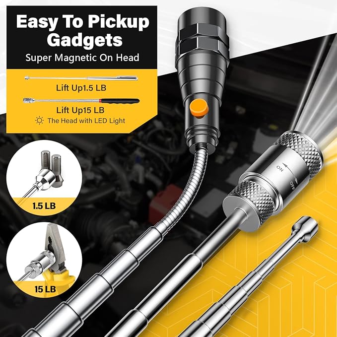 Magnetic Pickup Tool Set with 15lb&1lb Pick Up Rod, Round&Square 360 Swivel Adjustable Inspection Mirror and Telescoping Flexible Flashlight, Birthday Gifts For Men, Dad, Husband, Father