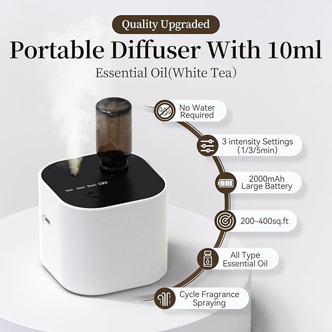 Waterless Essential Oil Diffuser,Portable Scent Diffuser with Battery Operated,3 Mist Modes,Fast Charging,Mini Aromatherapy Diffusers for Home,Bedroom,Office,Includes 10ml Essential Oil,White