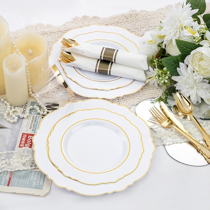 Liacere 350PCS Gold Plastic Plates-Disposable White and Gold Plates 50guest Baroque Plastic Dinnerware include 100Plates, 50Pack Pre Rolled Napkins with Silverware 50Cups for Wedding&Fall Decor