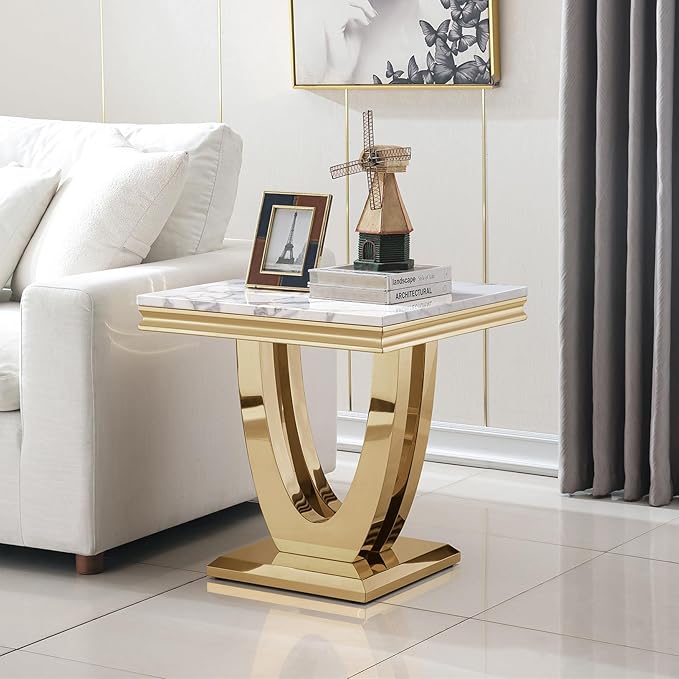 SSLine Modern White Faux Marble End Table Luxury Square Sofa Side Table with Gold U-Shape Base Mid-Century Elegant Bedside Table w/Mirrored Stainless Steel Frame for Living Room Bedroom