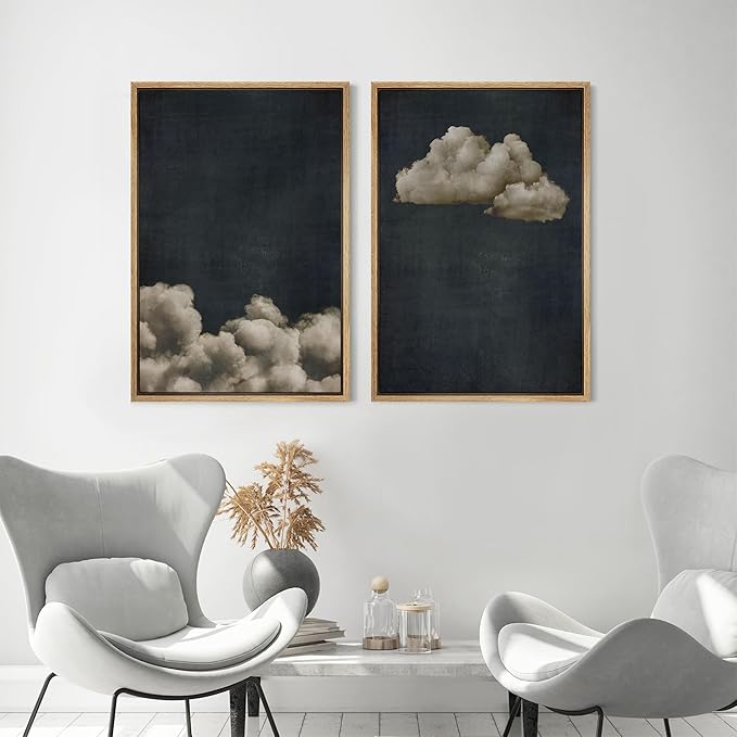 MUDECOR Framed Canvas Print Wall Art Vintage Cloudscape Dark Moody Sky with Floating Clouds Illustrations Modern Art Decorative Chic for Living Room, Bedroom, Office - 24"x36"x2 Natural