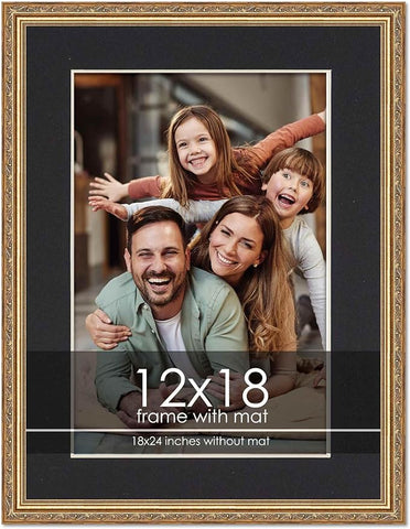 12x18 Frame with Mat - Antique Gold 18x24 Frame Wood Made to Display Print or Poster Measuring 12 x 18 Inches with Black Photo Mat