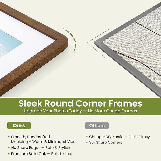 6x8 Round Corner Picture Frame, Solid Oak Wood Frame With Mat For 5x7 And Plexiglass, Includes Hanging Hardware For Wall Or Tabletop Photo Frame, Walnut, 1 Pack