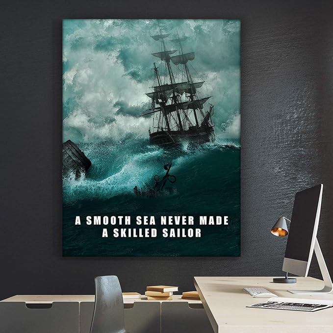 SuccessHunters A Smooth Sea Never Made A Skilled Sailor Wall Art Canvas Print Office Decor Motivational Entrepreneur Quote (8 x 8 in)