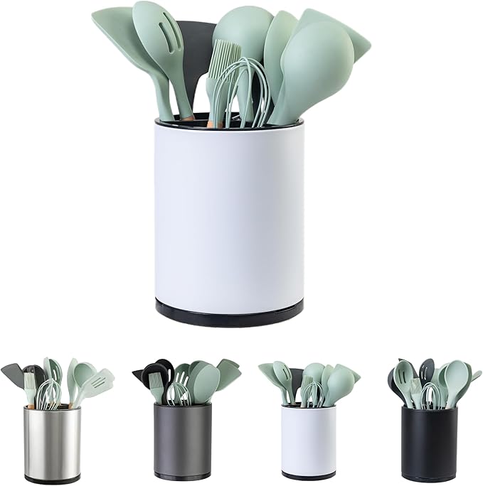 Kitchen Utensil Holder Extra Large 360°Rotating For Counter Organizer Stainless Steel Storage Cooking Silverware Caddy 3 Compartment Flatware Spoon Spatula Tool Cutlery Container(White)