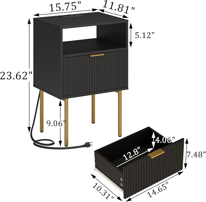 Modern Nightstand with Charging Station and LED Lights, Black Nightstand with Drawer, Fluted Nightstand for Living Room, Bedroom