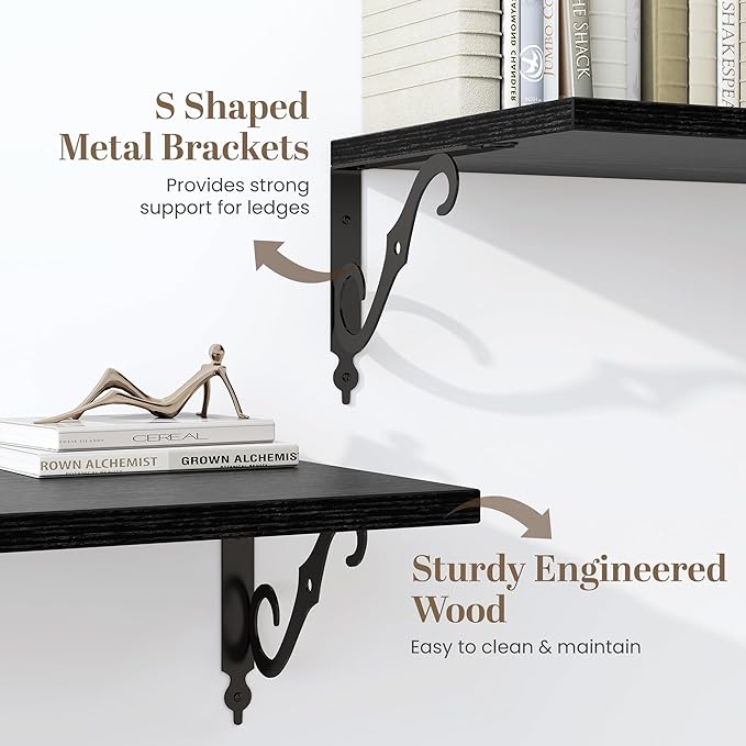 40 Inch Floating Shelves Wall Mounted, 12 Inch Deep Wall Shelves with Bracket, Rustic Hanging Bookshelf, 40" Bookshelves for for Living Room, Kitchen and Bedroom, Black, Set of 2