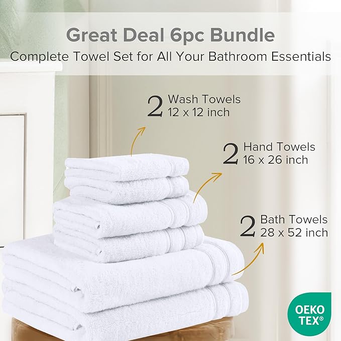 Comfort Spaces Towel Set for Bathroom 6 Piece Luxury Bath Towel Set 2 Hand Towel for Bathroom 2 Washcloth 2 Large Bath White Towel Sets 100% Cotton Quick Dry Towel Zero Twist Soft Lightweight Hotel